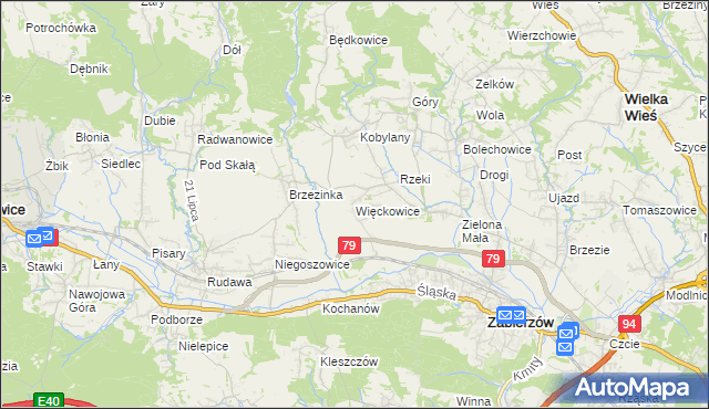 mapa Więckowice gmina Zabierzów, Więckowice gmina Zabierzów na mapie Targeo