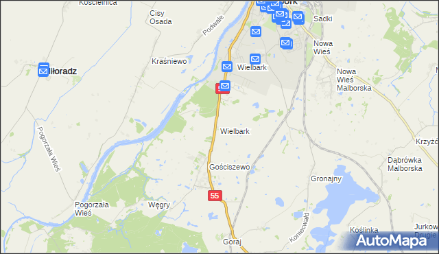 mapa Wielbark gmina Malbork, Wielbark gmina Malbork na mapie Targeo