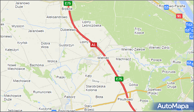 mapa Wieniec gmina Brześć Kujawski, Wieniec gmina Brześć Kujawski na mapie Targeo