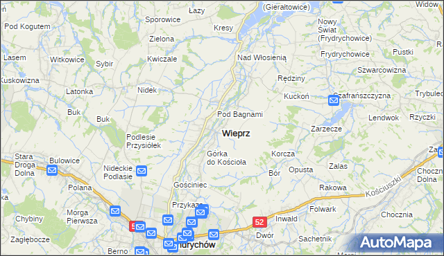 mapa Wieprz powiat wadowicki, Wieprz powiat wadowicki na mapie Targeo