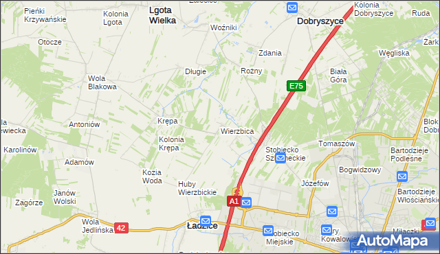 mapa Wierzbica gmina Ładzice, Wierzbica gmina Ładzice na mapie Targeo
