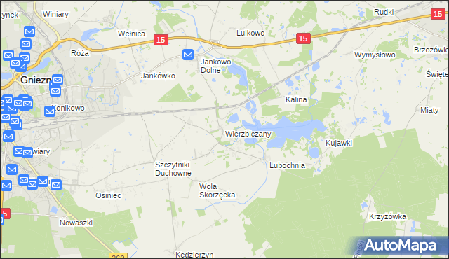 mapa Wierzbiczany gmina Gniezno, Wierzbiczany gmina Gniezno na mapie Targeo