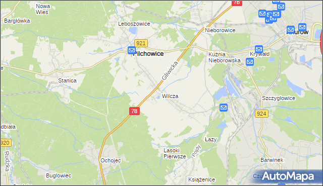 mapa Wilcza gmina Pilchowice, Wilcza gmina Pilchowice na mapie Targeo
