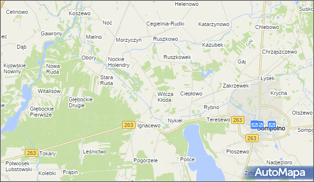 mapa Wilcza Kłoda gmina Wierzbinek, Wilcza Kłoda gmina Wierzbinek na mapie Targeo