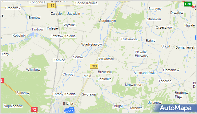 mapa Wilkowice gmina Wartkowice, Wilkowice gmina Wartkowice na mapie Targeo