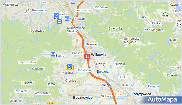 mapa Wilkowice powiat bielski, Wilkowice powiat bielski na mapie Targeo