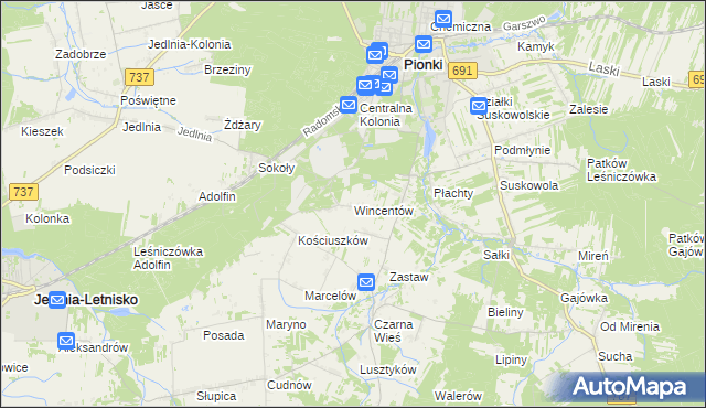 mapa Wincentów gmina Pionki, Wincentów gmina Pionki na mapie Targeo