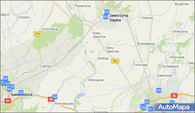 mapa Witków gmina Jaworzyna Śląska, Witków gmina Jaworzyna Śląska na mapie Targeo