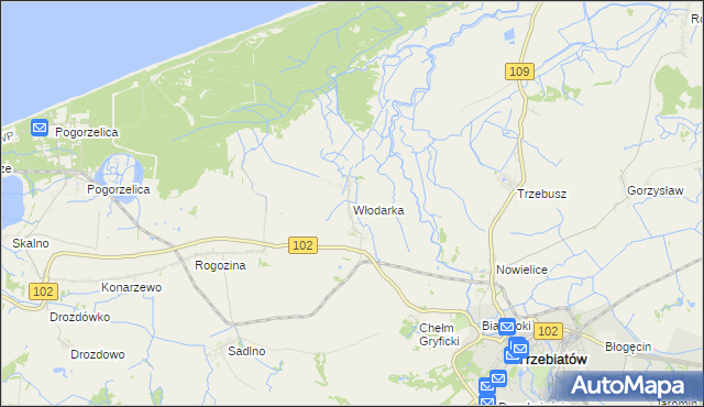 mapa Włodarka gmina Trzebiatów, Włodarka gmina Trzebiatów na mapie Targeo
