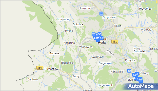 mapa Włodowice gmina Nowa Ruda, Włodowice gmina Nowa Ruda na mapie Targeo