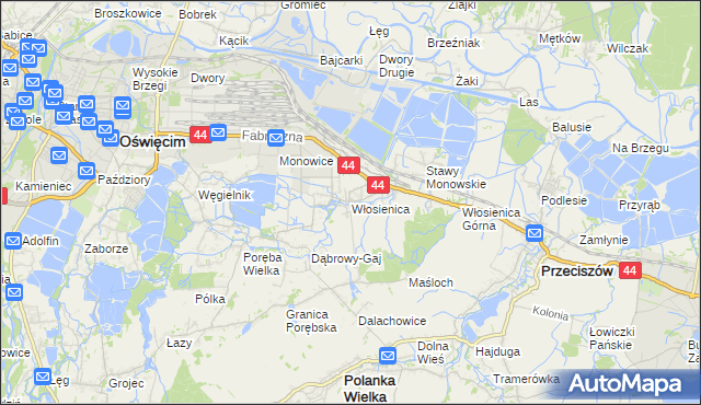 mapa Włosienica gmina Oświęcim, Włosienica gmina Oświęcim na mapie Targeo