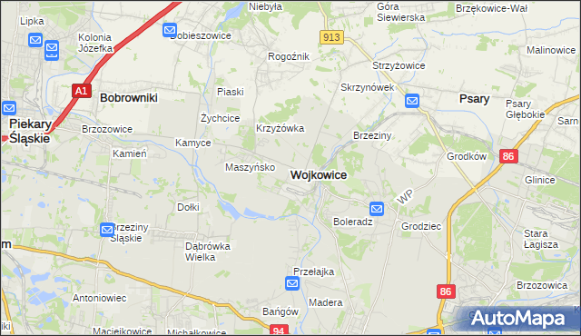 mapa Wojkowice powiat będziński, Wojkowice powiat będziński na mapie Targeo