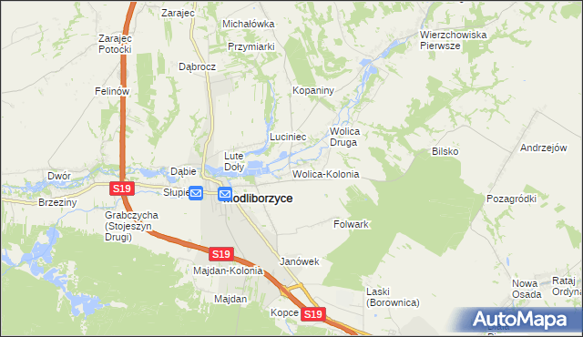 mapa Wolica-Kolonia gmina Modliborzyce, Wolica-Kolonia gmina Modliborzyce na mapie Targeo
