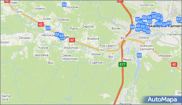 mapa Wołów gmina Bliżyn, Wołów gmina Bliżyn na mapie Targeo