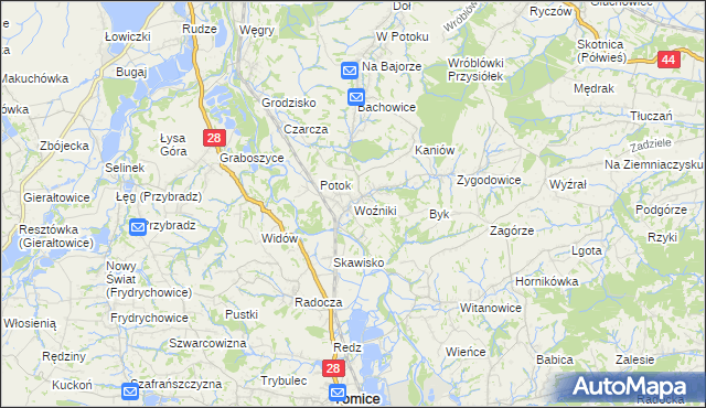 mapa Woźniki gmina Tomice, Woźniki gmina Tomice na mapie Targeo