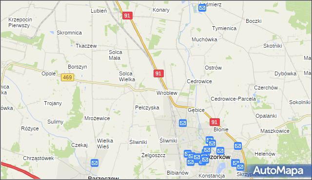 mapa Wróblew gmina Ozorków, Wróblew gmina Ozorków na mapie Targeo