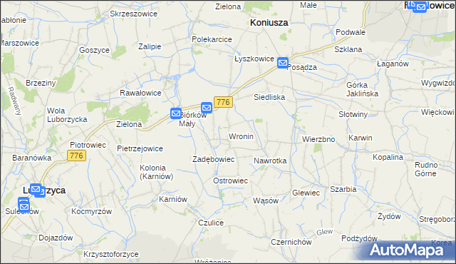 mapa Wronin gmina Koniusza, Wronin gmina Koniusza na mapie Targeo