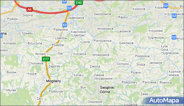 mapa Wrząsowice, Wrząsowice na mapie Targeo