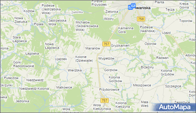 mapa Wygiełzów gmina Iwaniska, Wygiełzów gmina Iwaniska na mapie Targeo