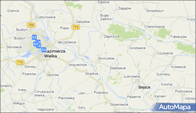 mapa Wymysłów gmina Kazimierza Wielka, Wymysłów gmina Kazimierza Wielka na mapie Targeo