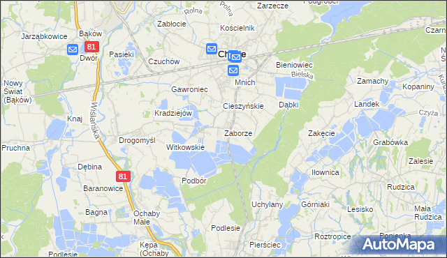mapa Zaborze gmina Chybie, Zaborze gmina Chybie na mapie Targeo