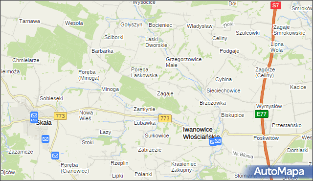 mapa Zagaje gmina Iwanowice, Zagaje gmina Iwanowice na mapie Targeo