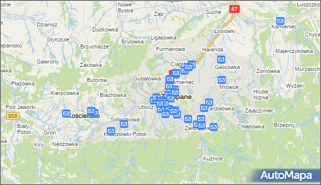 mapa Zakopanego, Zakopane na mapie Targeo