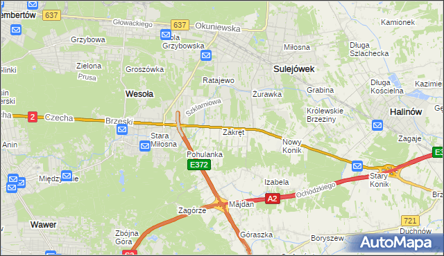 mapa Zakręt gmina Wiązowna, Zakręt gmina Wiązowna na mapie Targeo