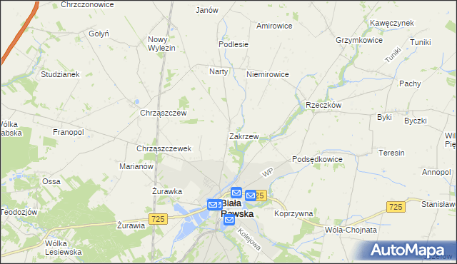 mapa Zakrzew gmina Biała Rawska, Zakrzew gmina Biała Rawska na mapie Targeo