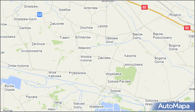 mapa Zakrzew gmina Bielawy, Zakrzew gmina Bielawy na mapie Targeo