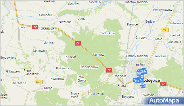 mapa Zakrzew gmina Poddębice, Zakrzew gmina Poddębice na mapie Targeo