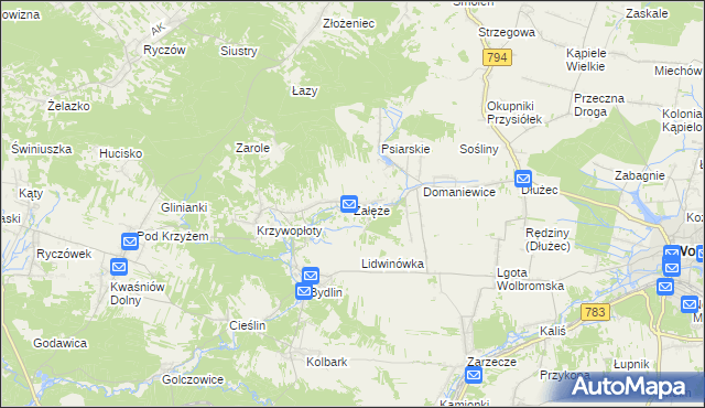 mapa Załęże gmina Wolbrom, Załęże gmina Wolbrom na mapie Targeo
