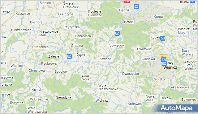 mapa Zawada gmina Bochnia, Zawada gmina Bochnia na mapie Targeo