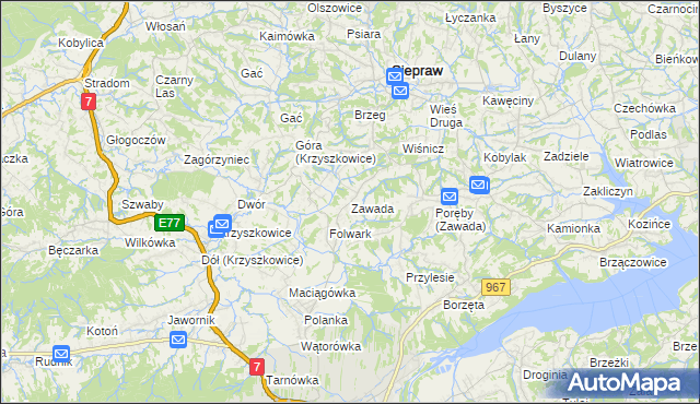 mapa Zawada gmina Myślenice, Zawada gmina Myślenice na mapie Targeo