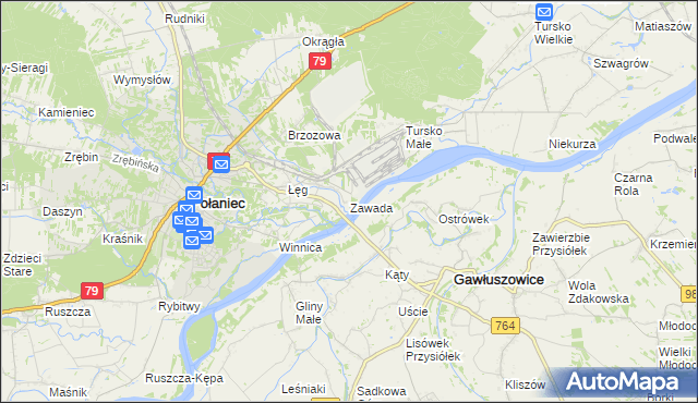 mapa Zawada gmina Połaniec, Zawada gmina Połaniec na mapie Targeo