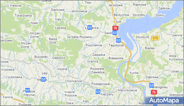 mapa Zawadka gmina Łososina Dolna, Zawadka gmina Łososina Dolna na mapie Targeo