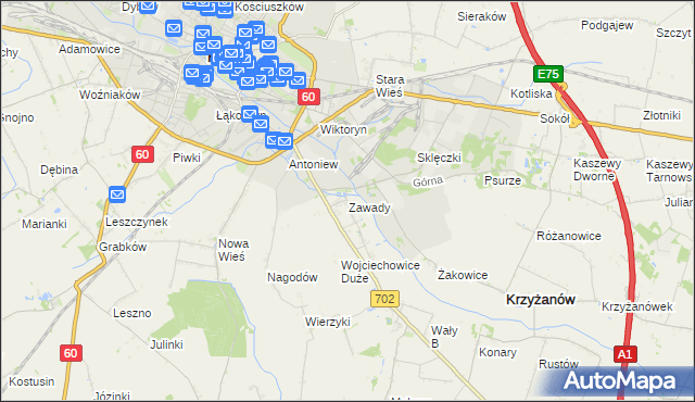 mapa Zawady gmina Krzyżanów, Zawady gmina Krzyżanów na mapie Targeo