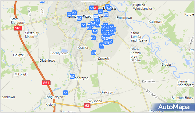 mapa Zawady gmina Łomża, Zawady gmina Łomża na mapie Targeo