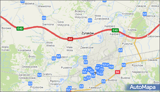 mapa Zawierzbie gmina Żyraków, Zawierzbie gmina Żyraków na mapie Targeo