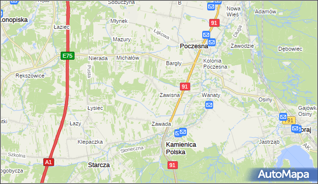 mapa Zawisna gmina Kamienica Polska, Zawisna gmina Kamienica Polska na mapie Targeo