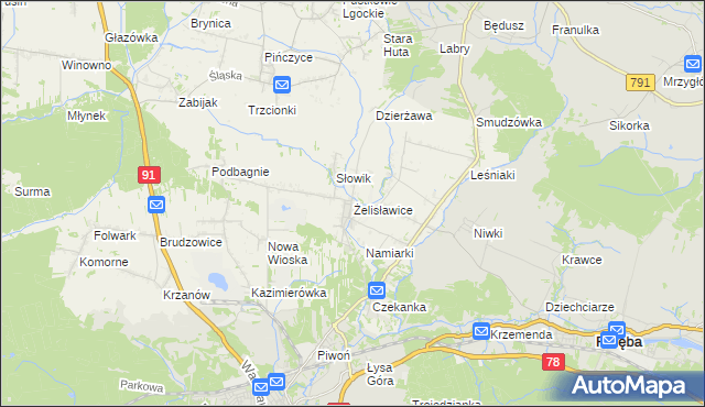 mapa Żelisławice gmina Siewierz, Żelisławice gmina Siewierz na mapie Targeo
