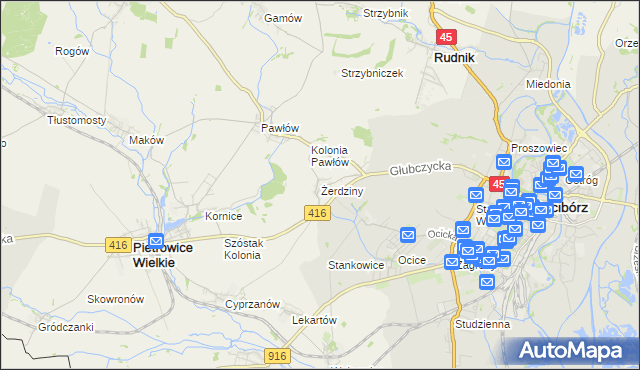 mapa Żerdziny gmina Pietrowice Wielkie, Żerdziny gmina Pietrowice Wielkie na mapie Targeo