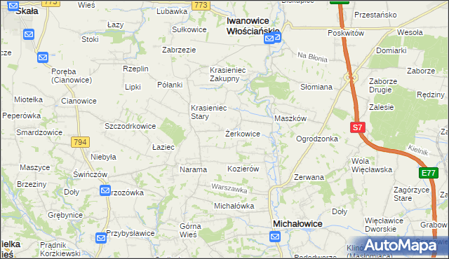 mapa Żerkowice gmina Iwanowice, Żerkowice gmina Iwanowice na mapie Targeo