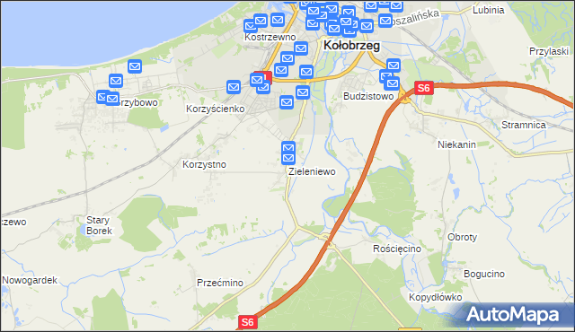 mapa Zieleniewo gmina Kołobrzeg, Zieleniewo gmina Kołobrzeg na mapie Targeo