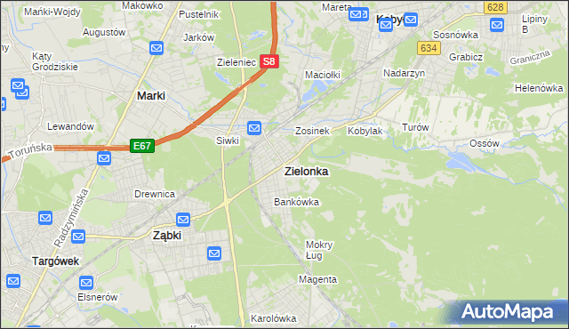 mapa Zielonka powiat wołomiński, Zielonka powiat wołomiński na mapie Targeo