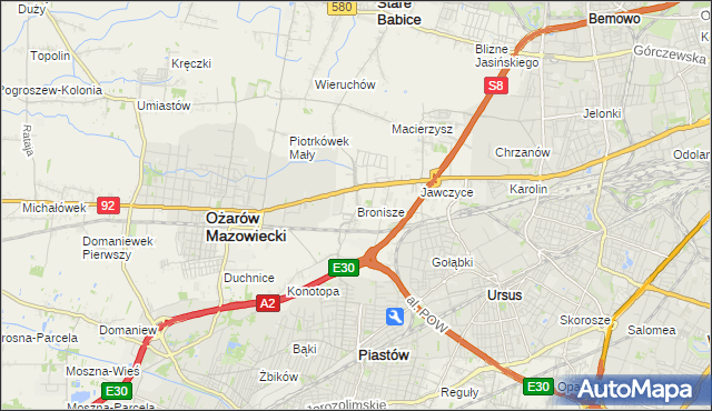 mapa Bronisze gmina Ożarów Mazowiecki, Bronisze gmina Ożarów Mazowiecki na mapie Targeo