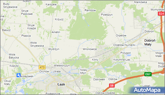 mapa Wronowice gmina Łask, Wronowice gmina Łask na mapie Targeo