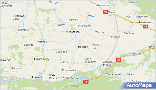 mapa Irządze powiat zawierciański, Irządze powiat zawierciański na mapie Targeo