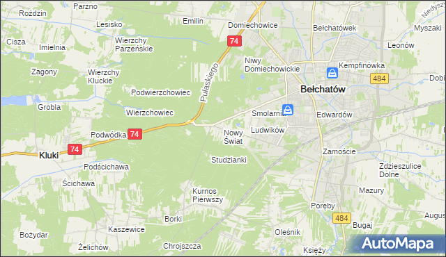 mapa Nowy Świat gmina Bełchatów, Nowy Świat gmina Bełchatów na mapie Targeo