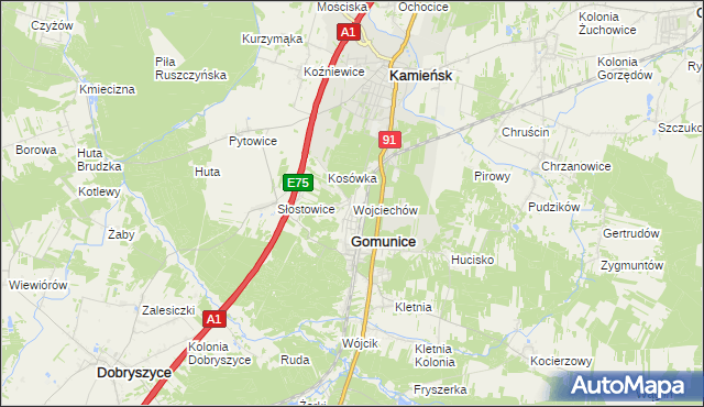 mapa Wojciechów gmina Gomunice, Wojciechów gmina Gomunice na mapie Targeo